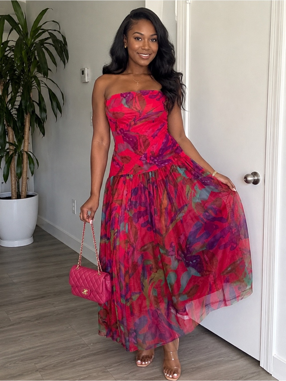 Strapless Red Floral Maxi Dress